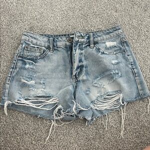Trendy Light Blue Distressed Jean Shorts